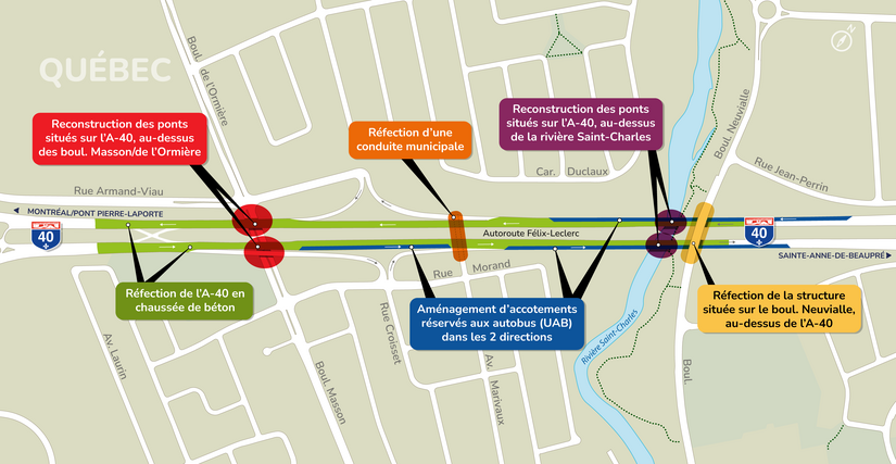 Carte montrant les différents travaux effectués dans le cadre du chantier de réfection et reconstruction des ponts et de la chaussée de l’autoroute 40, entre l’autoroute Henri-IV (A-73) et le boulevard Neuvialle, ainsi que les tronçons d’accotements réservés aux autobus (UAB).