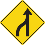 Sign with a yellow background showing the left lane merging into the right lane.