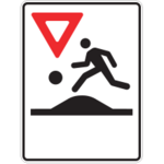 Sign a white background, a Yield sign and a person with a ball crossing a playground.