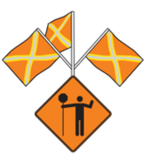 Panneau présentant un signaleur routier avec trois drapeaux orange avec un X jaune.