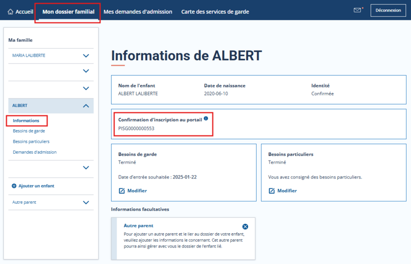 Image représentant l'endroit où trouver le numéro de confirmation d'inscription au portail.