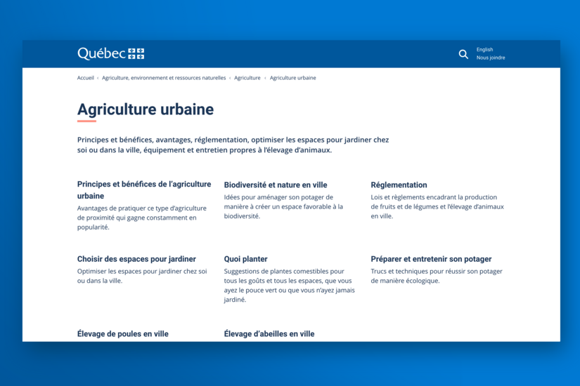 La page de sous-thème est disponible à partir du 3e niveau de navigation. Elle peut être répétée autant de fois qu’il y a de niveau de navigation, jusqu’à la page terminale.