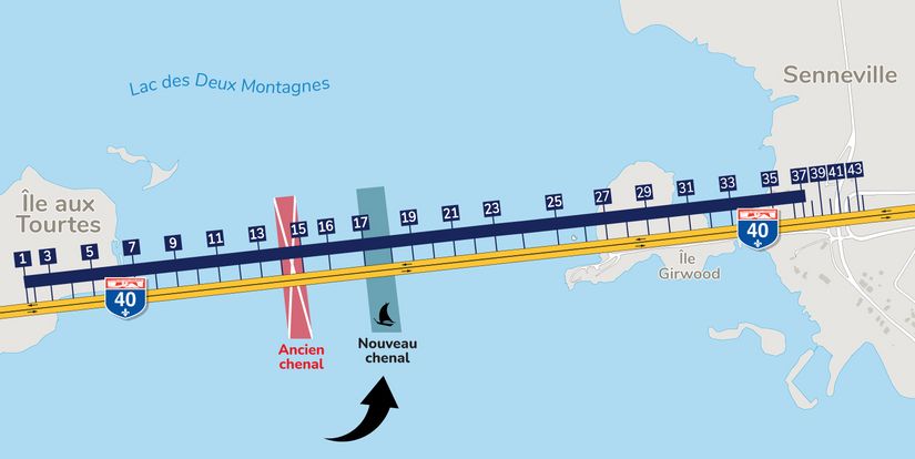 Carte qui présente le chenal de navigation, en dessous du pont de l’Île-aux-Tourtes, sur le lac des Deux Montagnes, qui est déplacé plus à l’est de la structure, vers Senneville. 
