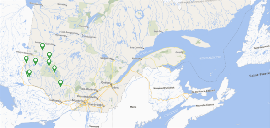 Carte représentant le positionnement des communautés Anichinabes