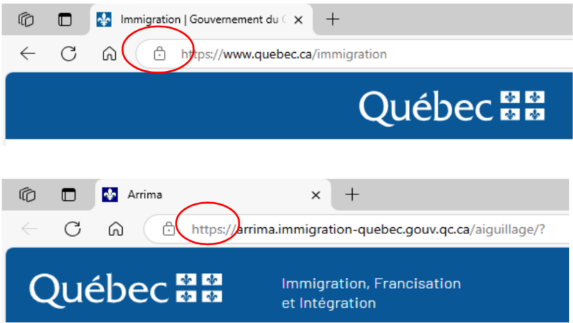Examples of a padlock and the letters “https” in the address bar of two Québec government websites