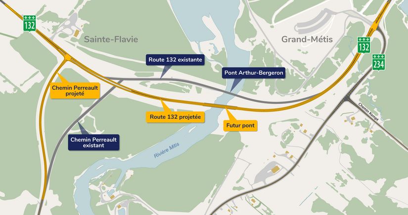 Carte montrant le futur tracé de la route 132, à Sainte-Flavie et à Grand-Métis.