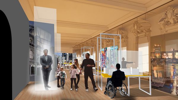 L'intérieur fictif d'un Espace bleu. Des personnes y déambulent.