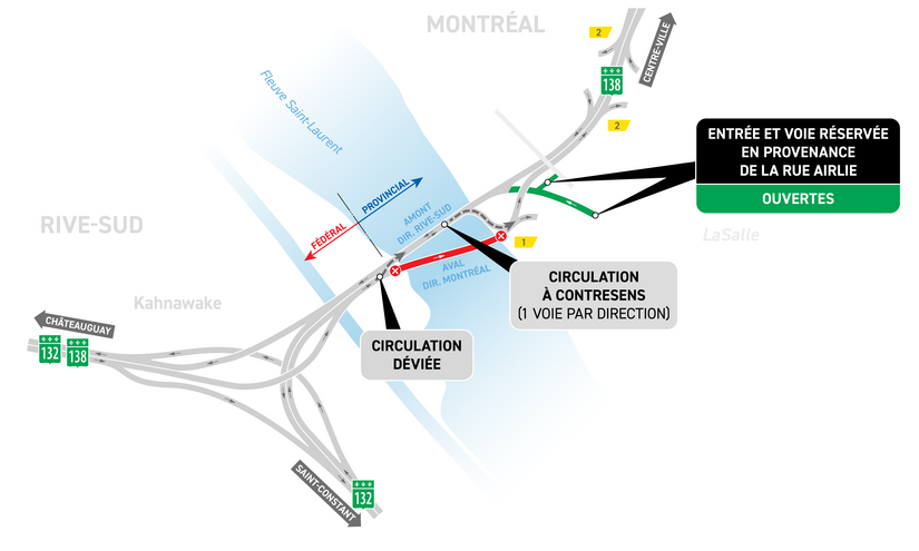 Fermeture complète du pont en aval (vers Montréal).