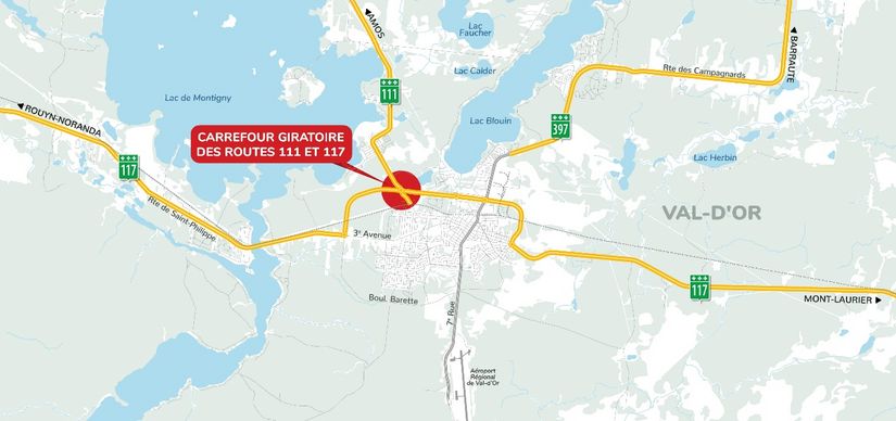 Carte de localisation du carrefour giratoire des routes 111 et 117, à Val-d’Or.