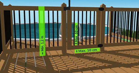 Les clôtures limitant l’accès à une piscine doivent avoir une hauteur minimale de 1,2 m, empêcher le passage d’une balle de 10 cm de diamètre (entre les barreaux ou entre le sol et le bas de l’enceinte), ne pas être conçues de manière à pouvoir être escaladées facilement.