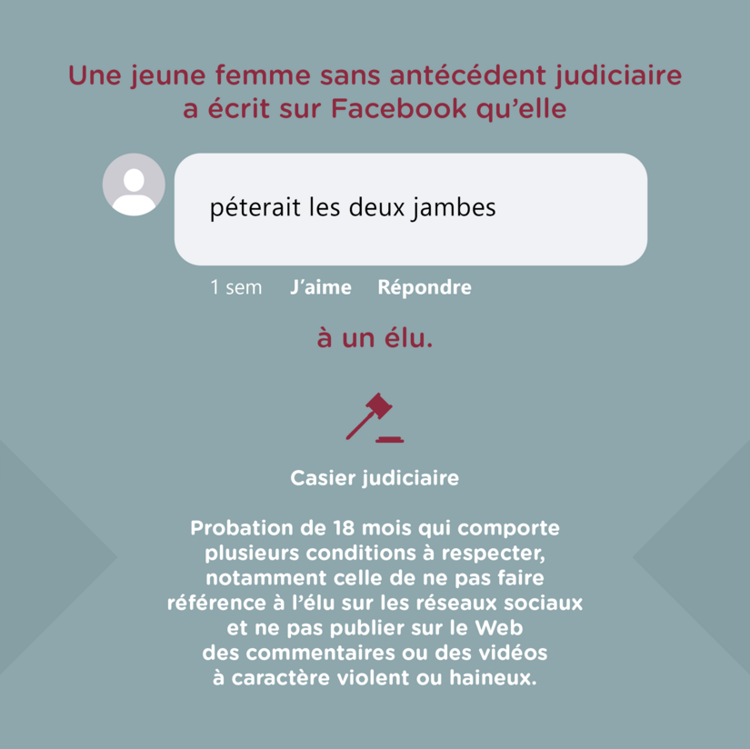 Texte d'une publication fictive sur Facebook de menace signée par une jeune femme.