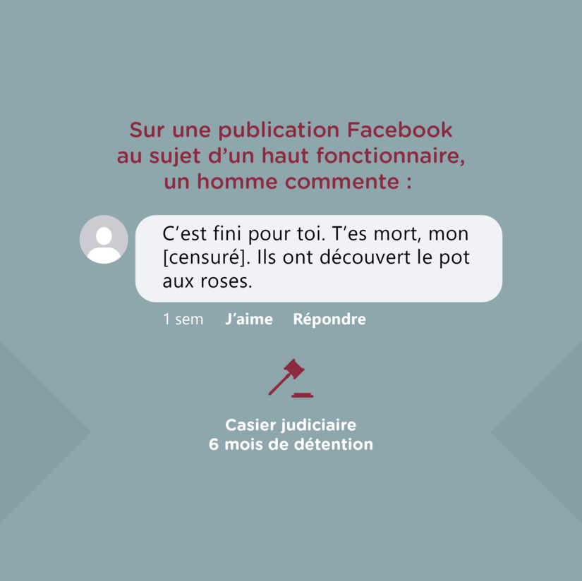 Texte d'une publication fictive sur Facebook de menace à un haut fonctionnaire.