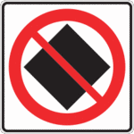 Sign with a white background featuring a black diamond inside a red circle with a slash.