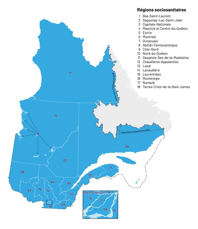 Image présentant la carte des 18 régions sociosanitaires du Québec