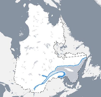 Carte qui situe l’aire de répartition du bar rayé au Québec.