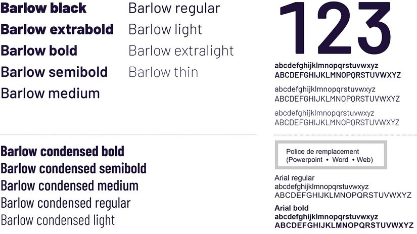 Polices à utiliser Déclinaisons des polices à utiliser dans les compositions, qui sont le Barlow et le Barlow Condensed, ainsi que l’Arial comme police de remplacement pour les documents Word, PowerPoint et le Web.