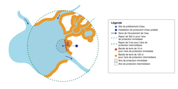 Schéma illustrant les aires de protection d’un prélèvement de catégorie 1 situé en lac. L’aire de protection immédiate correspond à un rayon de 300 mètres autour du site de prélèvement, avec une bande de terre de 10 mètres. L’aire de protection intermédiaire correspond à un rayon de 3 kilomètres autour du site de prélèvement et à une bande de terre de 120 mètres. L’aire de protection éloignée correspond approximativement au bassin versant.