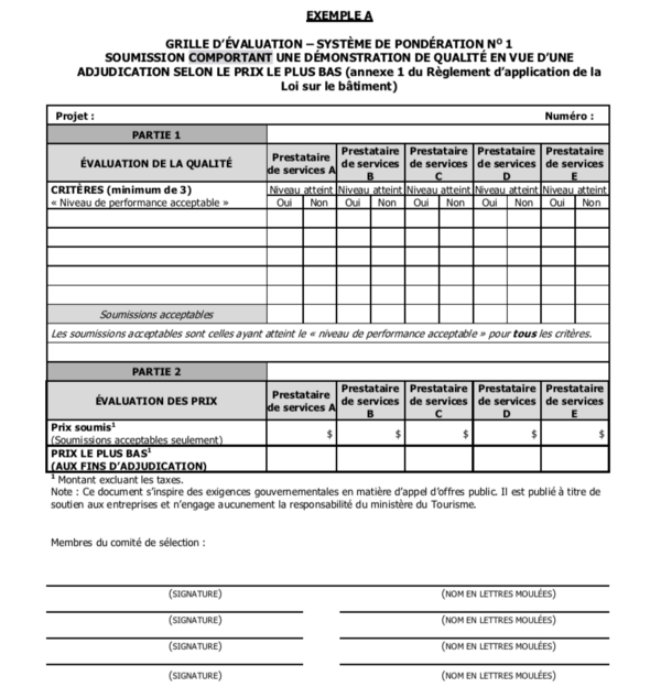 Exemple A Exemple A, Grille d'évaluation. Système de pondération numéro 1 soumission comportant une démonstration de qualité en vue d'une adjudication selon le prix le plus bas.