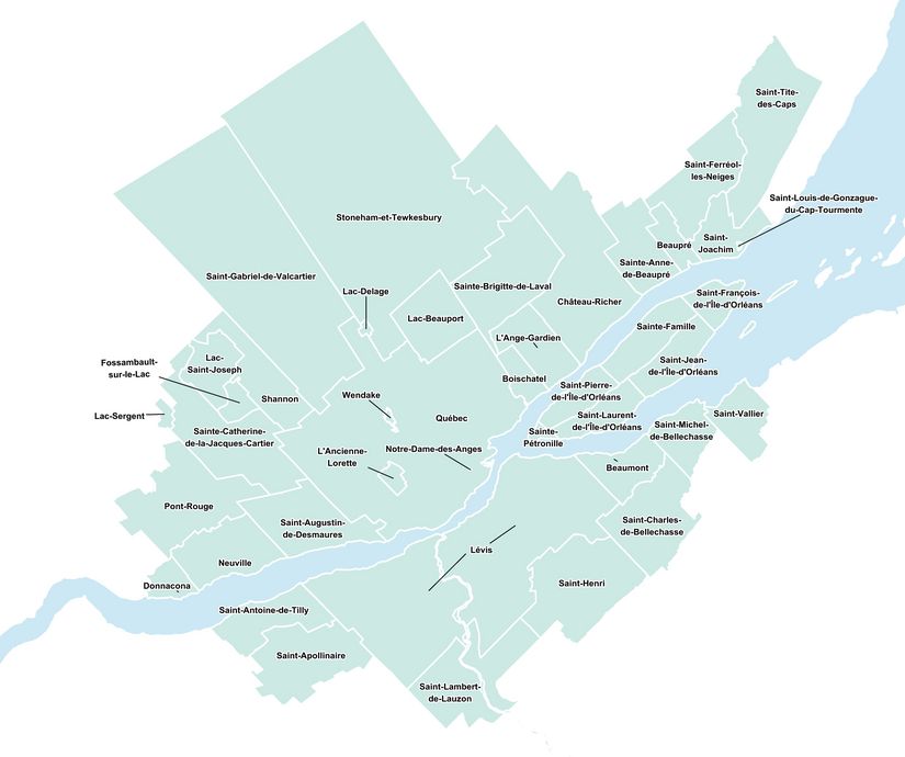 Carte montrant l’ensemble du territoire visé par l’enquête origine-destination 2017 de la région Québec-Lévis.