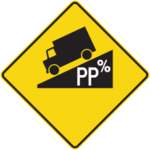 Sign with a yellow background showing a truck descending a slope with a percentage gradient.