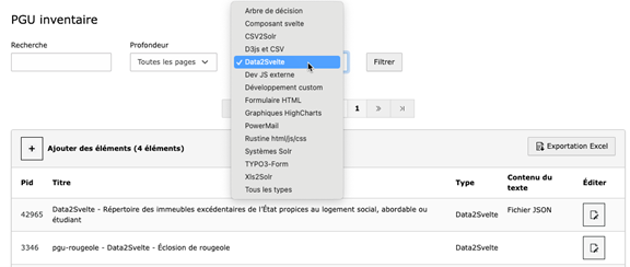 Capture d'écran de l'interface de gestion de la fonctionnalité inventaire.