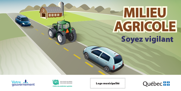 Panneau « Milieu agricole, soyez vigilant » Visuel du panneau de sensibilisation « Milieu agricole, soyez vigilant » disponible pour téléchargement par les municipalités.