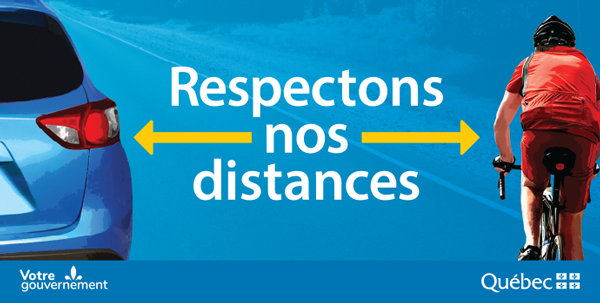 Visuel pour panneau de sensibilisation « Respectons nos distances » disponible pour téléchargement par les municipalités.