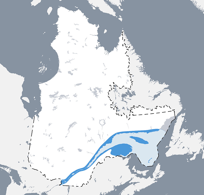 Carte qui situe l’aire de répartition de l’alose savoureuse au Québec.