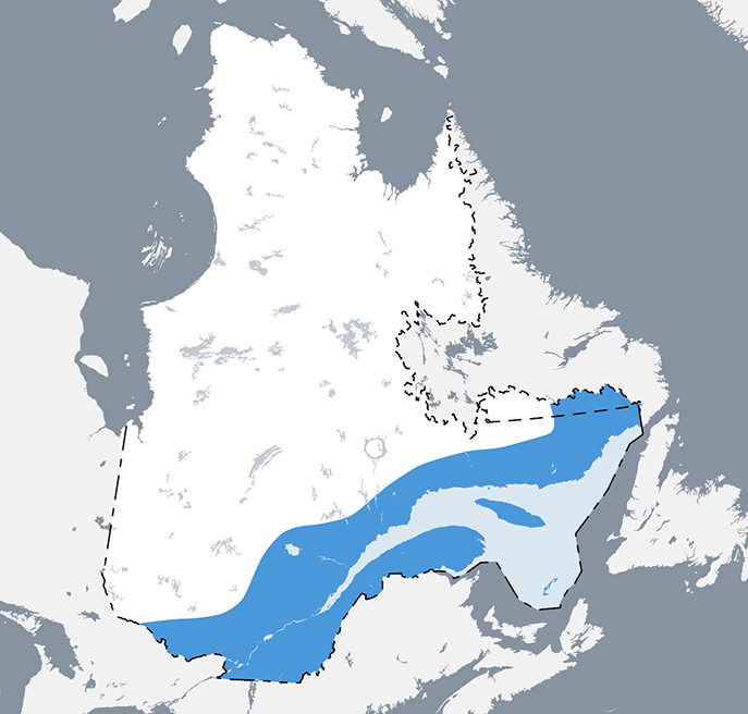 Carte qui situe l’aire de répartition de l’éperlan arc-en-ciel au Québec.