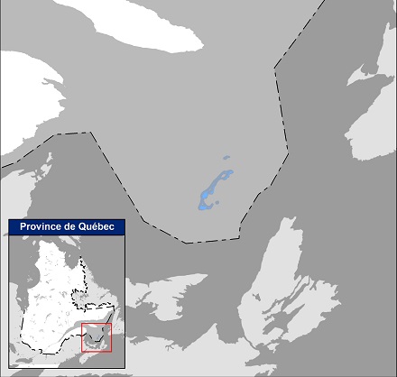 Carte du Québec situant l’aire de répartition du grèbe esclavon dans la région des îles de la Madeleine.