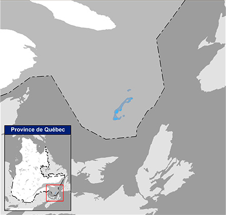 Carte du Québec situant l’aire de répartition de la sterne de Dougall, plus précisément dans la région des îles-de-la-Madeleine.
