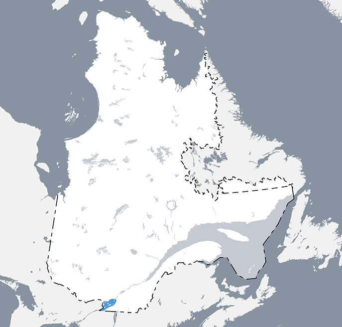 Carte qui situe l’aire de répartition le brochet vermiculé au Québec.