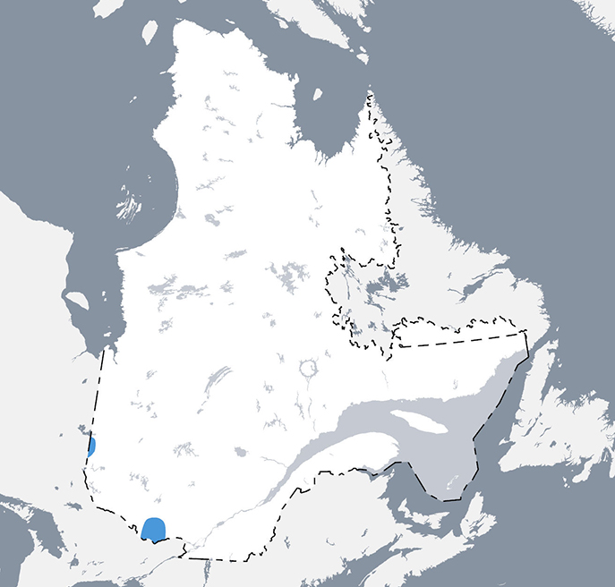 Carte qui situe l’aire de répartition du chabot de profondeur au Québec.