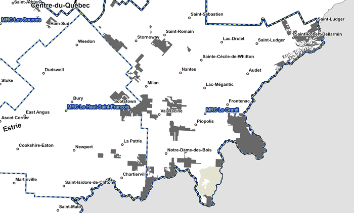 L’unité d’aménagement 051-51 et le territoire forestier résiduel 051001 sont situés dans les limites des MRC du Granit, des Sources et du Haut-Saint-François.