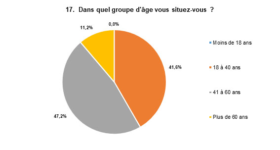 17. Dans quel groupe d'âge vous situez-vous? Les réponses les plus populaires sont : De 41 à 60 ans, avec 47 % des répondants, et de 18 à 40 ans avec 42 % des répondants.