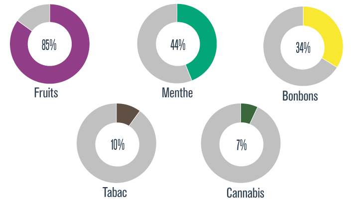 Graphique présentant le pourcentage d’élèves du secondaire qui préfèrent la saveur de liquide à vapoter Fruits, Menthe, Bonbons, Tabac ou Cannabis, au Québec, en 2019
